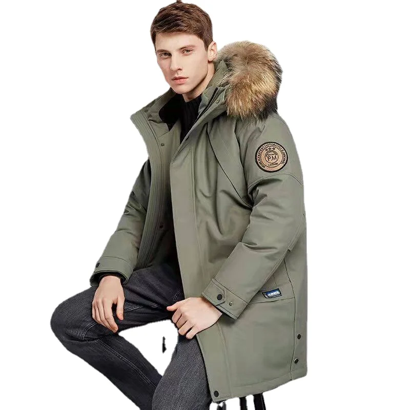 

High-End White Down Jacket Black Men's Mid-Length Winter New Thickened Parka with Hat Big Fur Collar Windbreak Coat Army Green