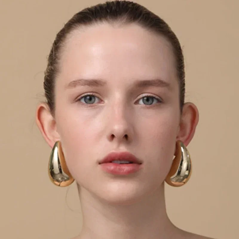 Fashion Gold Plated Chunky Dome Drop Earrings for Women Glossy Thick Teardrop Lightweight Hoops