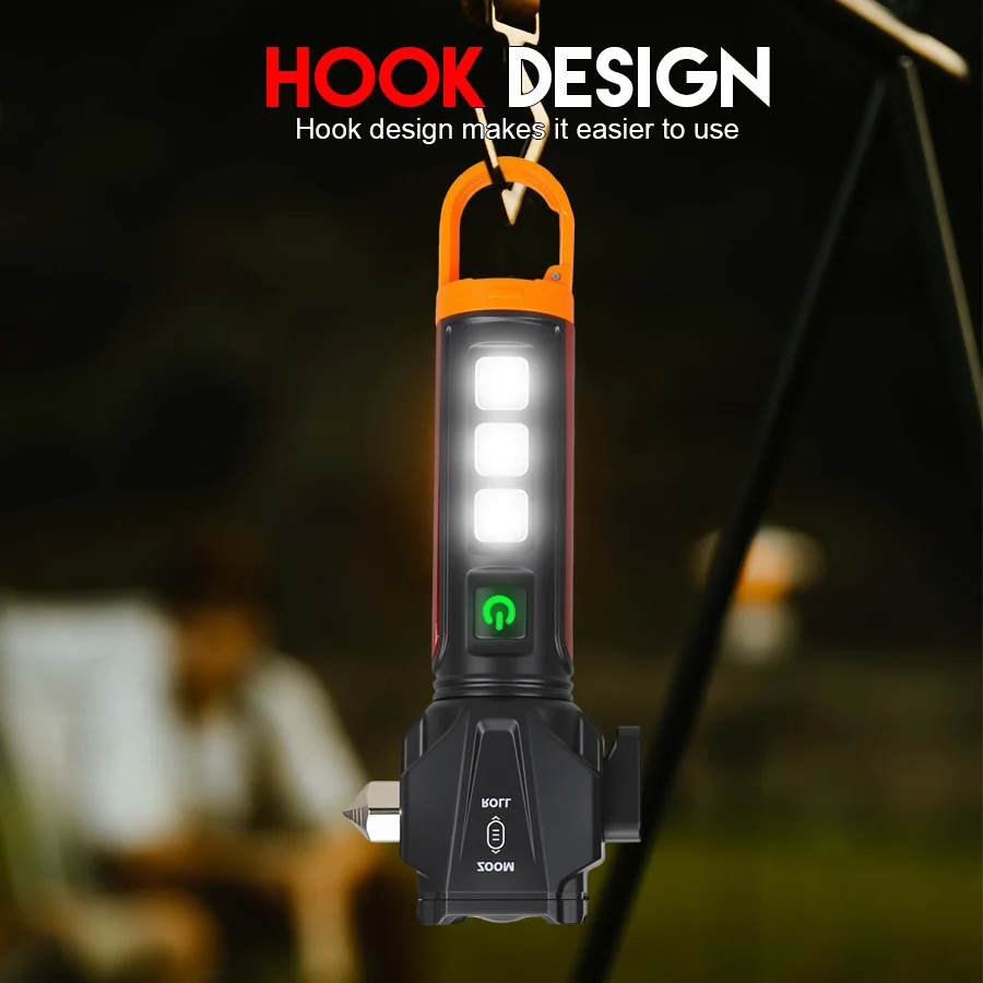 다기능 전술 손전등, 고출력 LED + COB USB 충전, 안전 망치, 비상용 방수 알루미늄 토치
