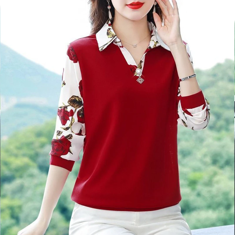 

Spring and Autumn Elegant Fashion Shirt Women Trendy Vintage New Basic Office Lady Patchwork Long Sleeve Floral V Neck Slim Top