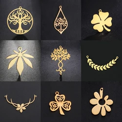 EUEAVAN 5pcs Stainless Steel Tree of Life Charms Lucky Clover Plant Leaf Amulet DIY Pendant Wholesale Jewelry Making Supplies