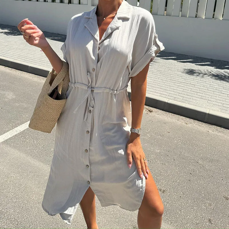 

Elegant Button Solid Cardigan Office Dress 2024 Fashion Short Sleeve Temperament Mini Dress New Women V-neck Lace-up Party Dress
