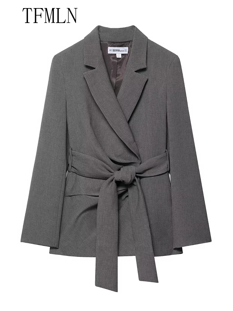 New 2025 Autumn Women Blazer Coats With Belt Fashion Notched Long Sleeve Chic Causal Jackets Office Lady Solid Outwear Tops