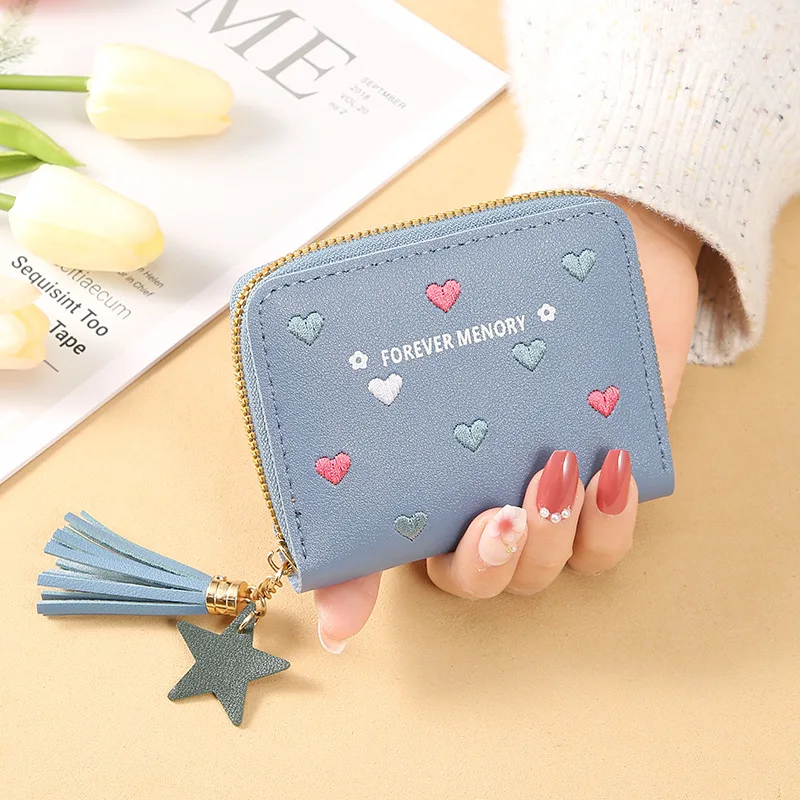 Borsa per carte in pelle PU Mini portafoglio da donna Fermasoldi Love Ricamo Portafoglio multifunzionale Borse portaoggetti per certificati corti da donna - immagine 3