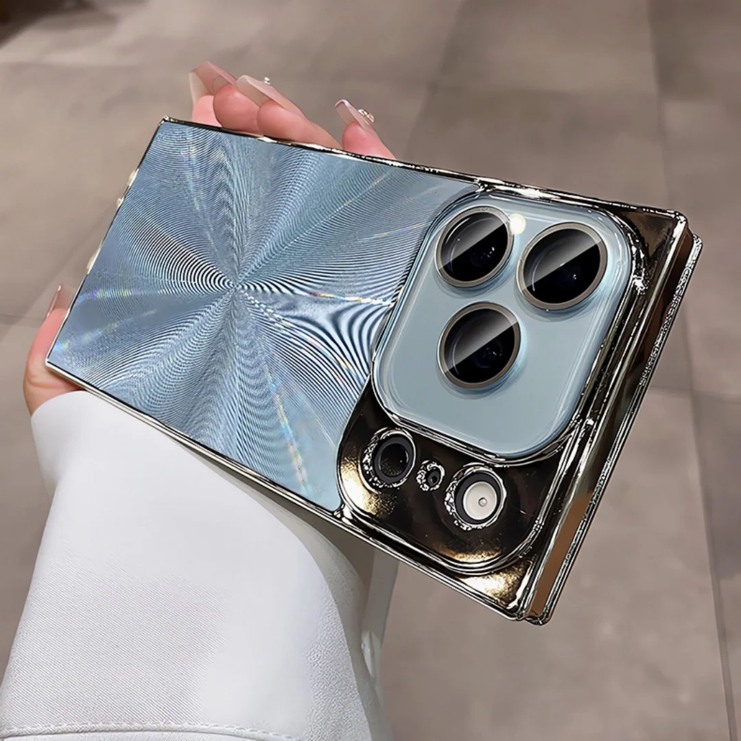 Luxury Plating CD Texture Square Armor Phone Case with Crystal Lens Glass and Shockproof Cover