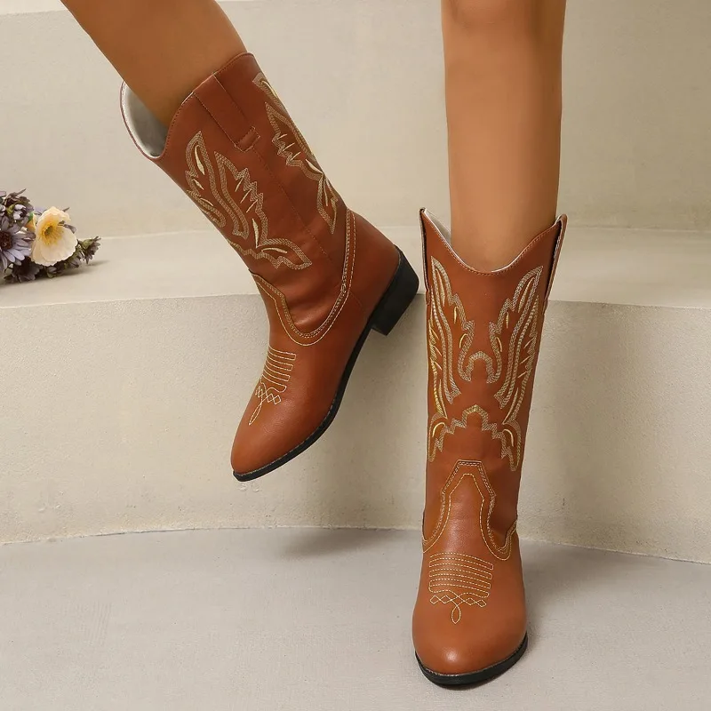 Winter Shoes for Female Slip-on Embroider Women's Mid-Calf Boots Square Heel Pointed Toe Women's Shoes Comfortable Ladies Boots