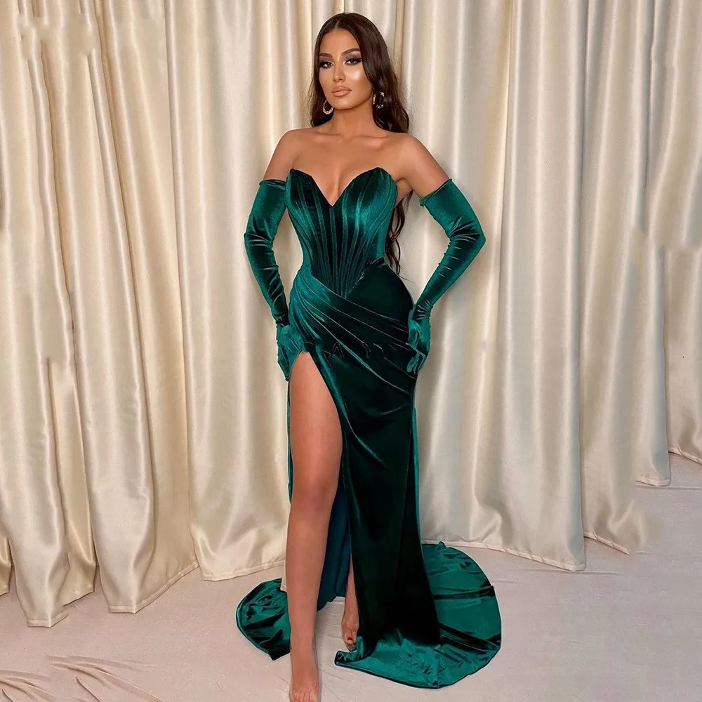 

New Emerald Green Velour Prom Party Dress High Slit Mermaid Formal Evening Gowns Sexy Vestidos Fiesta Robe De Soiree