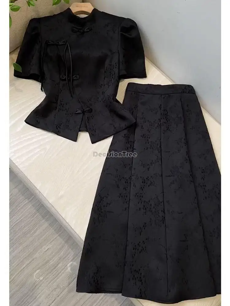 new chinese style shirt half skirt two-piece set for women's summer lady improved cheongsam set women daily cheongsam