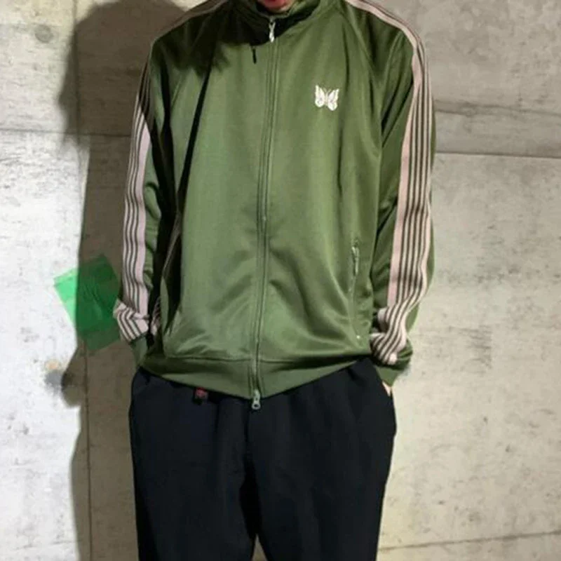 

Cotton jacket for men and women, large coat with butterfly embroidery and straps, striped lapel, zipper, long sleeves, green