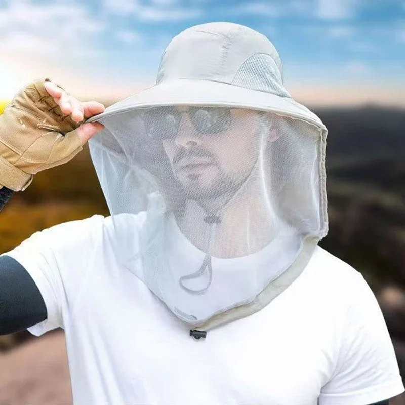 Mosquito Prevention Cap Fishing Insect Protective Hat Mosquito Head Net Full-Mesh Drawstring Windproof Strap Beekeeping Cap