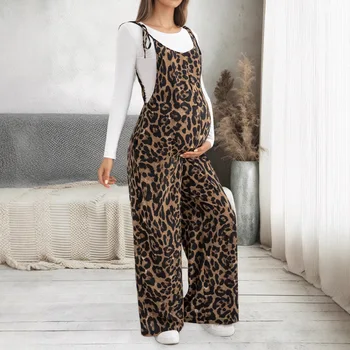 Maternity Pregnant Women Overalls Leopard Print Adjustable Strap Wide-leg Jumpsuit Spring Summer Casual Pregnancy Clothing
