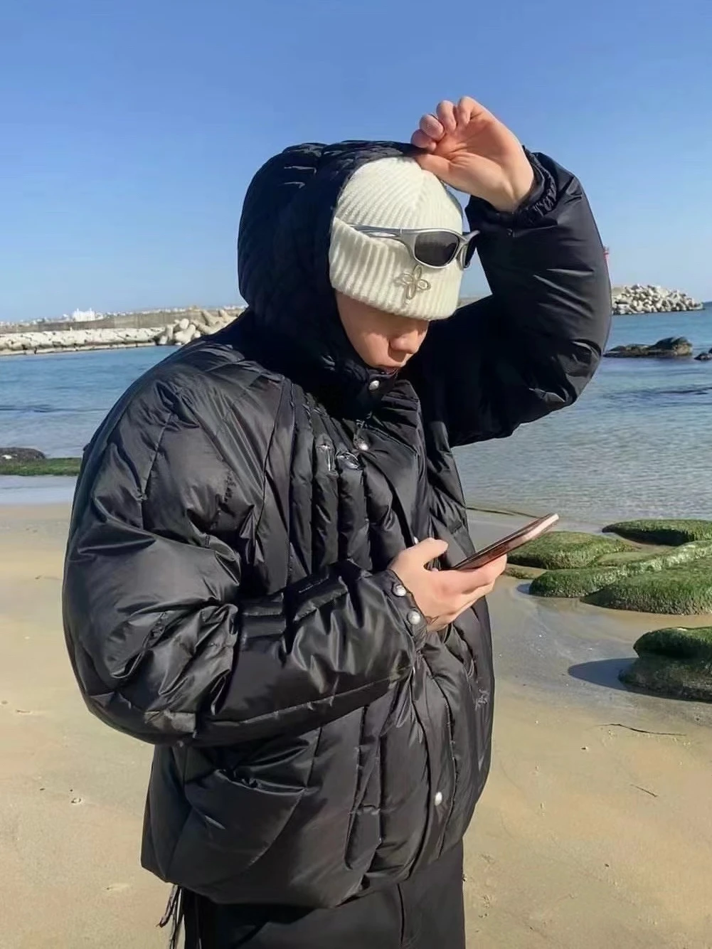 Thug Club 23SS 블랙 나일론 방수 방풍 구스 다운 후드 자켓 360g 따뜻한 가을 겨울 청소년 캐주얼 패션