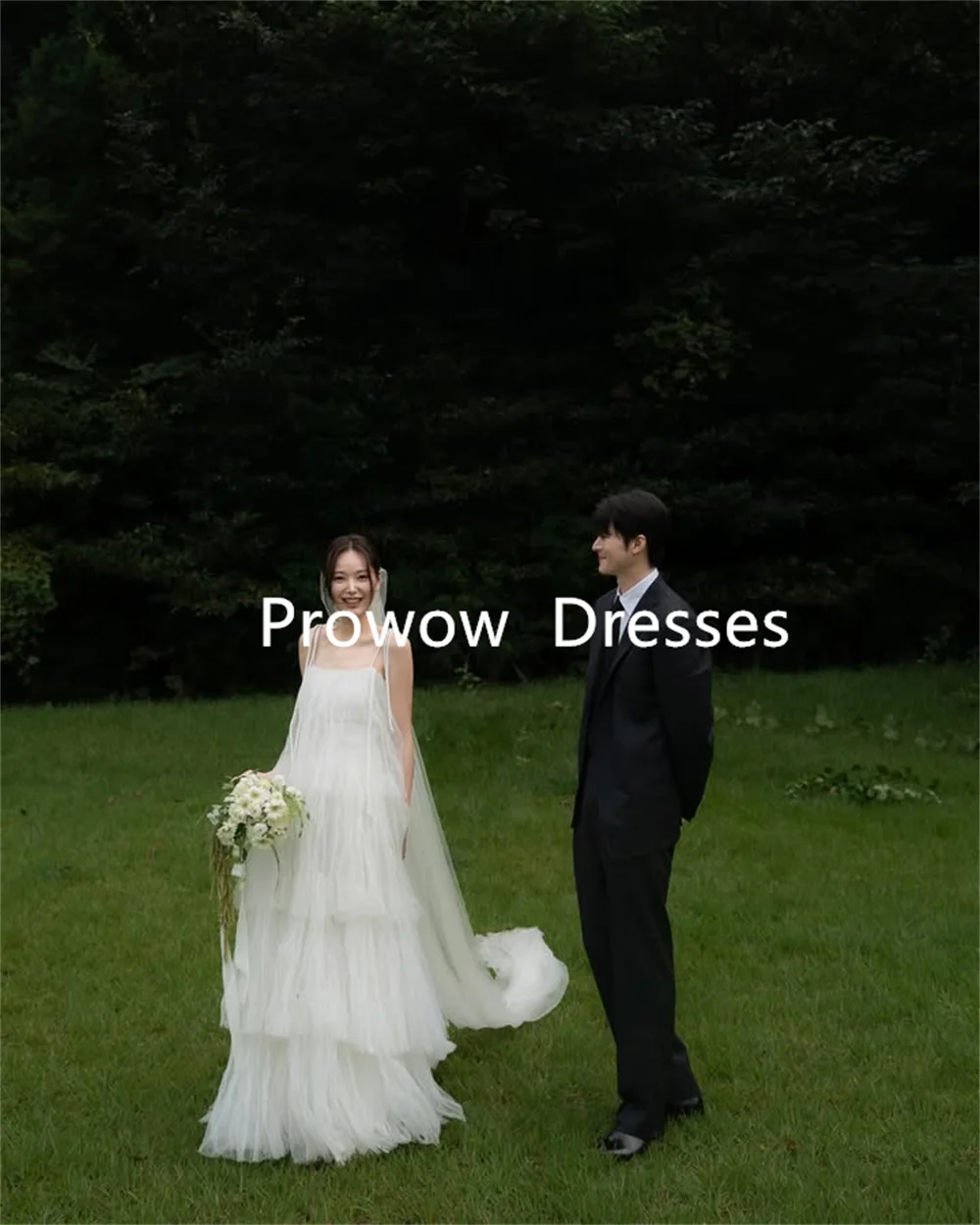 Prowow Layered Tulle Wedding Dresses Korea Photoshoot Spaghetti Straps Bridal Gown Vestido De Noiva Floor Length Customized