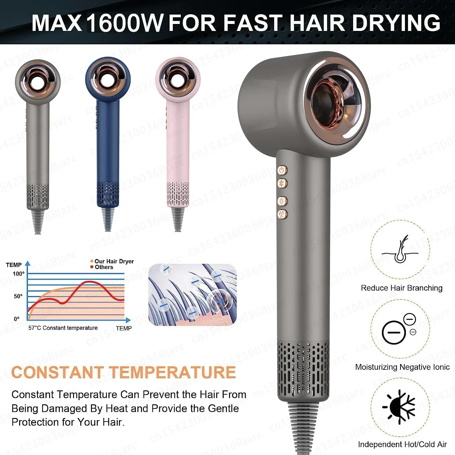 220V 1600W Hair Dryer Leafless Personal Care Styling Negative Ion Tool Constant Anion Electric