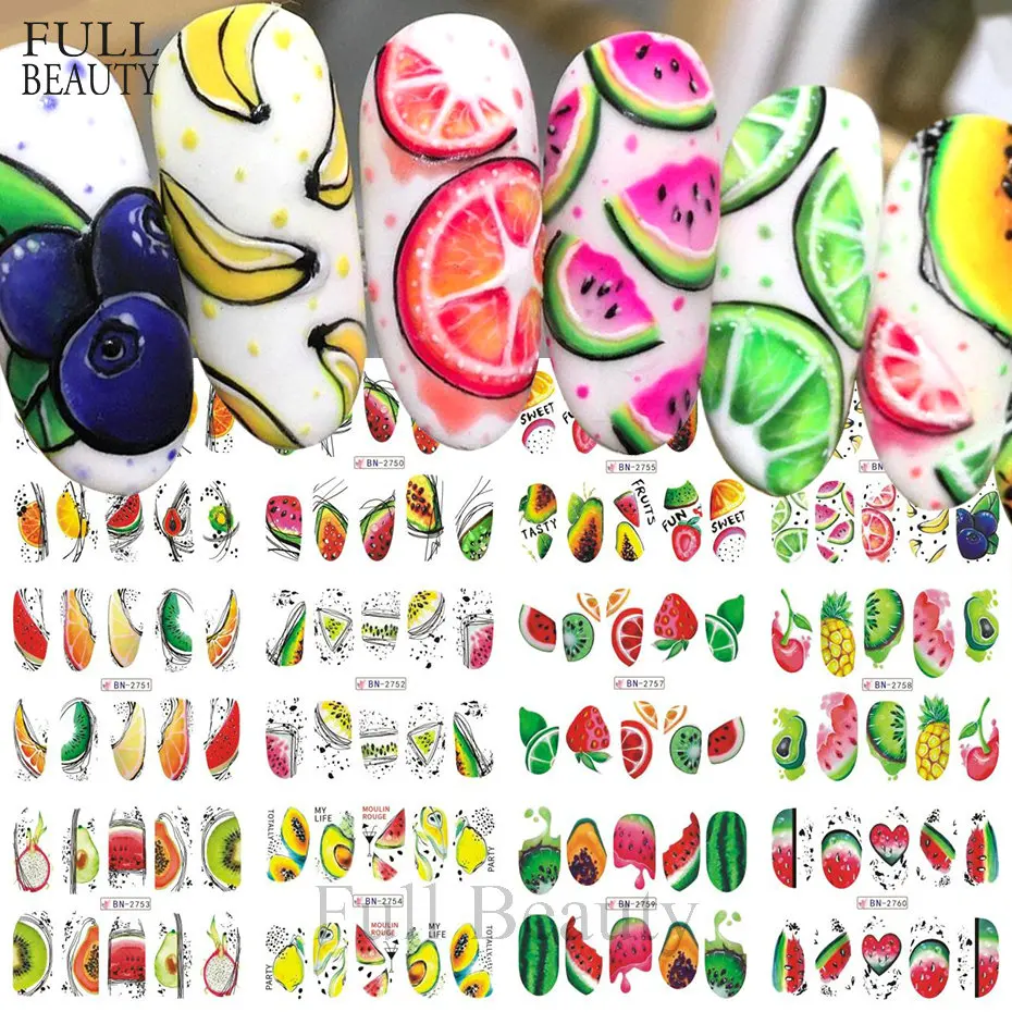 Watermelon Papaya Nail Water Stickers Kiwi Blueberry Fruit Transfer Decals Slider Line Design Nail Art Summer Accessories 12pcs