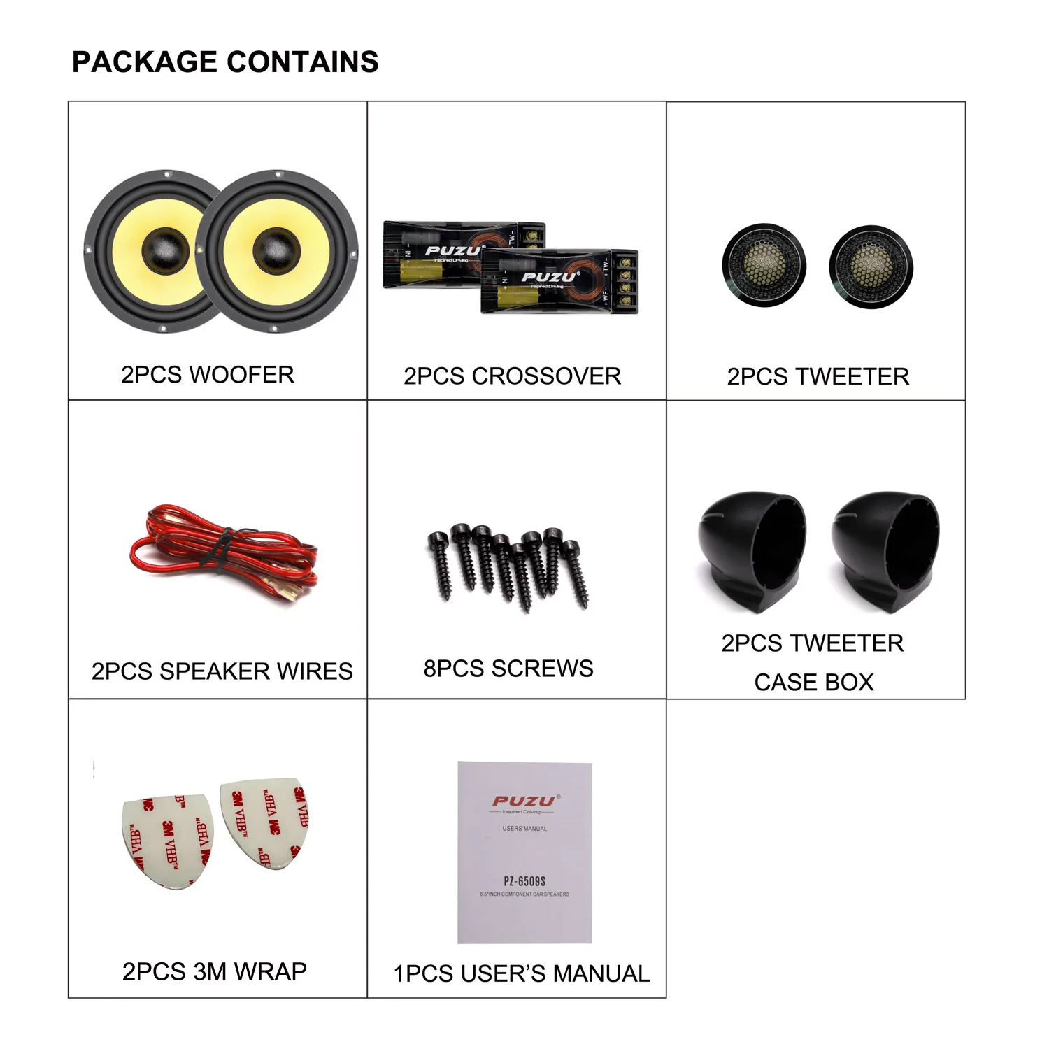 PUZU PZ-6509S 6.5 Inch Glass Fiber Sound Cone Car Audio Two Frequency Set Speaker 180W Maximum Output Power