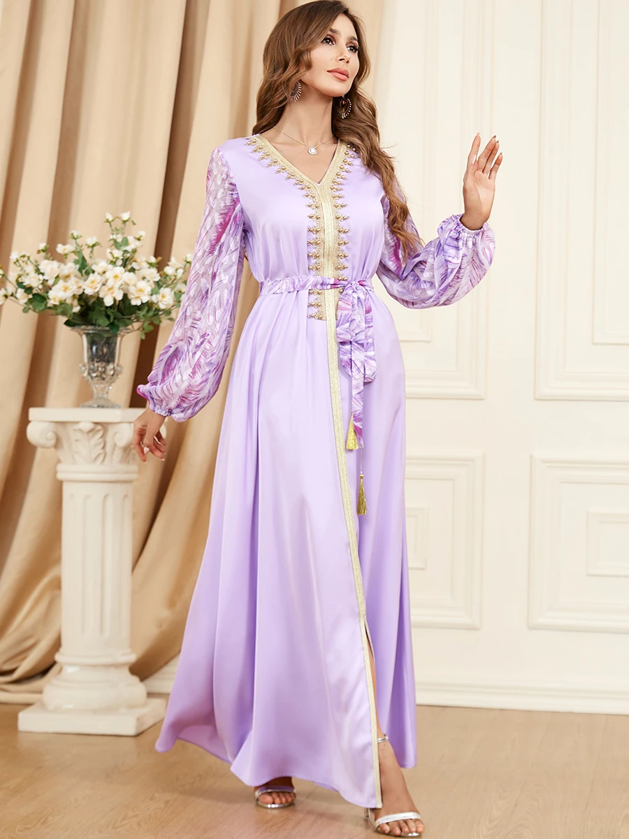 Beading Arabic Dresses for Women Party Evening Kuwaiti Jalabiyat Patchwork Dubai Saudi Gown Islamic Muslim Abaya Ramadan Eid