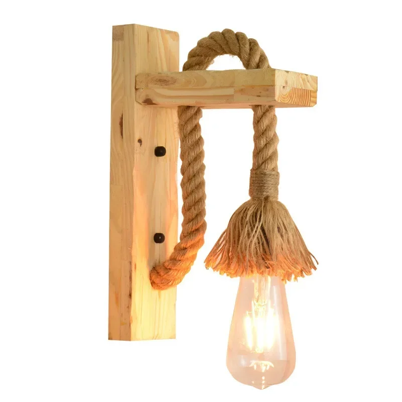 Vintage 2 Pack Of 30 Cm Wooden And Rope Wall Light Retro Fixture - View #5