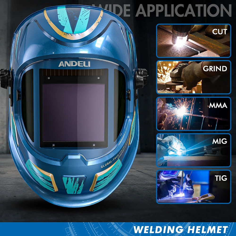 Casco de Soldadura ANDELI con Oscurecimiento Automático | Visión Clara y Estilo en Azul