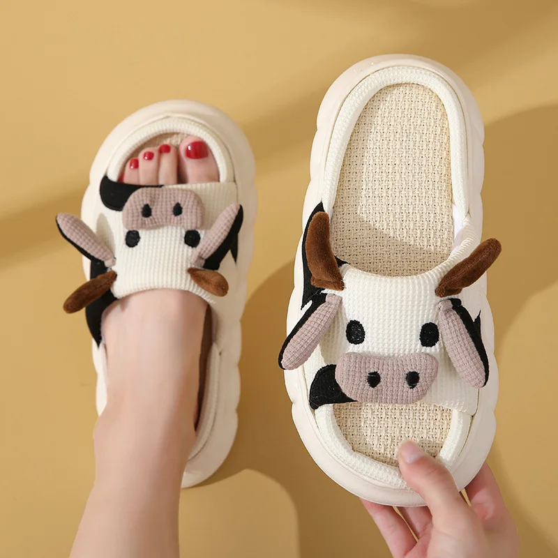 Heren Vier Seizoenen Universele Indoor Katoenen Hennep Cool Slippers Schattige Cartoon Kleine Koe Linnen Slippers Anti Slip Paar