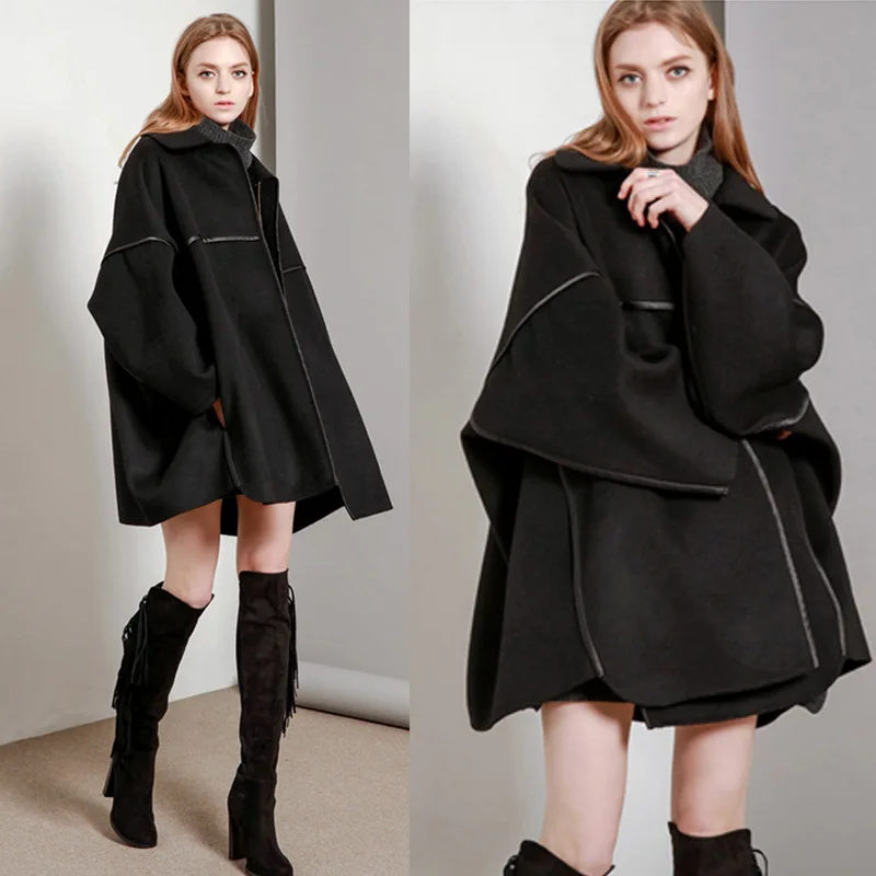 

Winter Women Woolen Overcoats Warmly Mid-Length Black Leather Bordure Oversize Jackets Female Chic Loose Greatcoat
