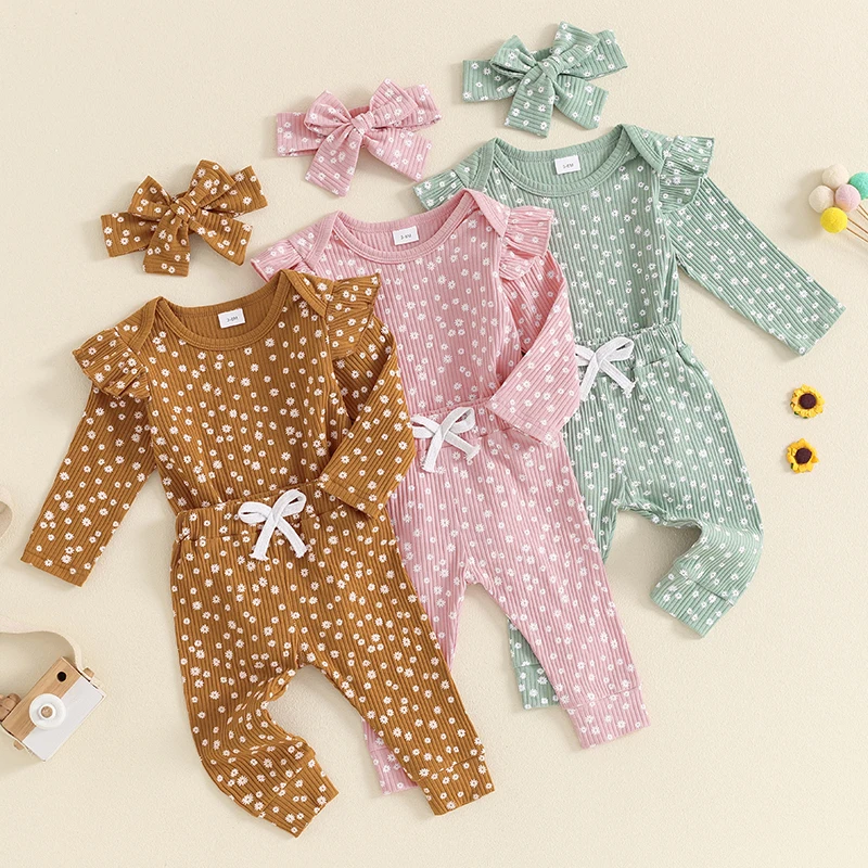 Focus norm 0-18m schöne Mädchen fallen Kleidung Sets 3 stücke Blumen druck Langarm gerippt Stram pler Schleife Hosen Stirnband – Detail 8