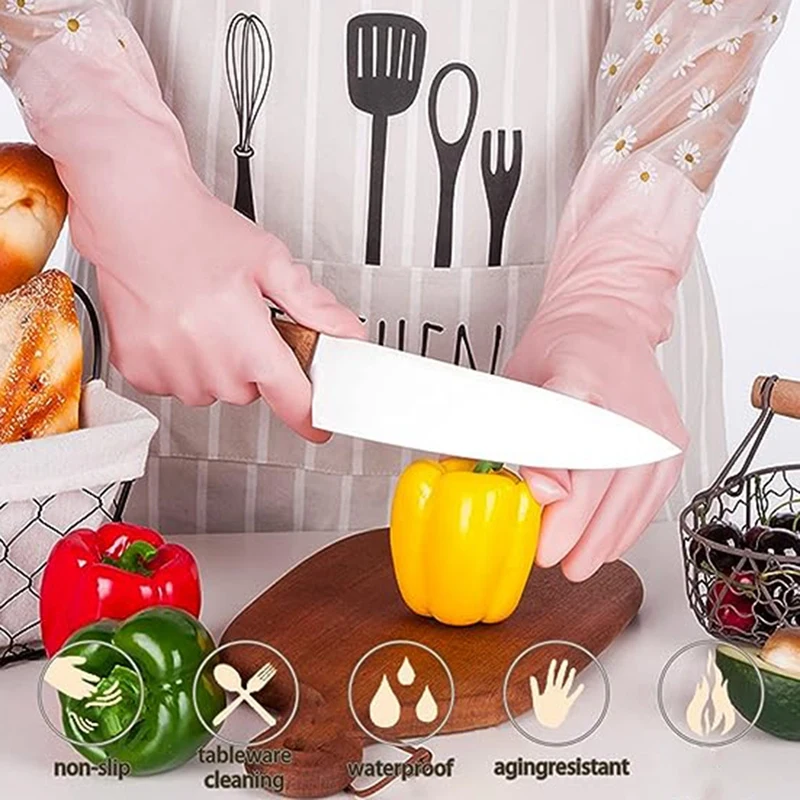 3 Pairs Dishwashing Cleaning Gloves Reusable Rubber Gloves Non-Slip Laundry Kitchen Gardening Household Easy To Use 42CM