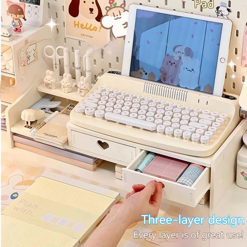 Desktop Elevated Rack With Drawers Simple Ins Wind Student Desk Computer Tablet Rack Stationery Storage Desktop Organizer storage tray office supplies set