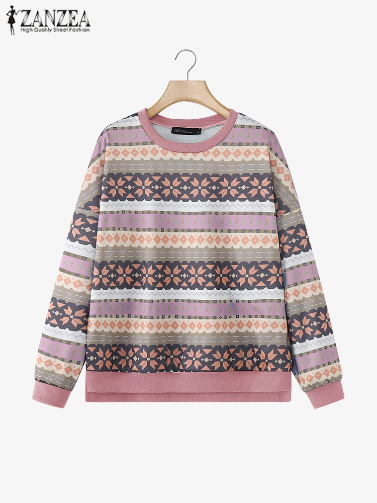 ZANZEA Streetwear Daily Wear Outfits Women Geometric Print Sweatshirt Casual Long Sleeve Pullover Autumn O Neck Comfortable Tops 3
