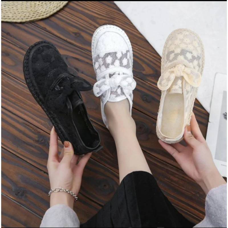 Women's Breathable Mesh Flower Lace Casual Shoes Fashion Flats Shoes Shallow White Loafers 35-40