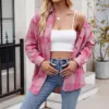 Women V Neck Tee Coat Shirts Lightweight Flannel Plaid Button Down Shirt Oversized Long Sleeve Shirts Youthful Woman Clothes 4