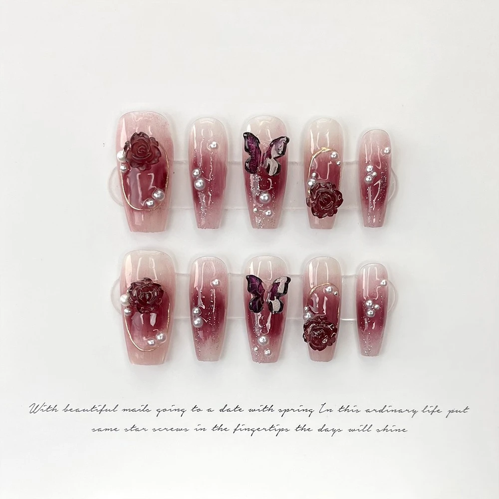 

Manicuree Heart False Nails Wearable Artificial With Designs Pink Handmade Nails Press on Full Cover Professional Nails