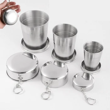 1Pcs Stainless Steel Folding Cup With Keychain Portable Retractable Telescopic Cups