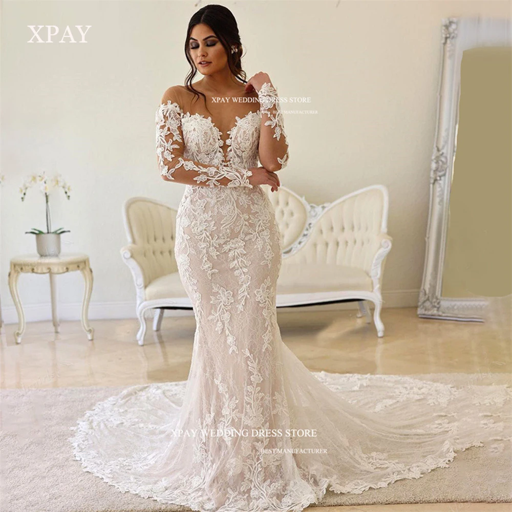 

XPAY Sheer Neck Lace Applique Mermaid Wedding Dresses Long Sleeves Backless Sweep Train Bridal Gowns Plus Size Robe de mariee