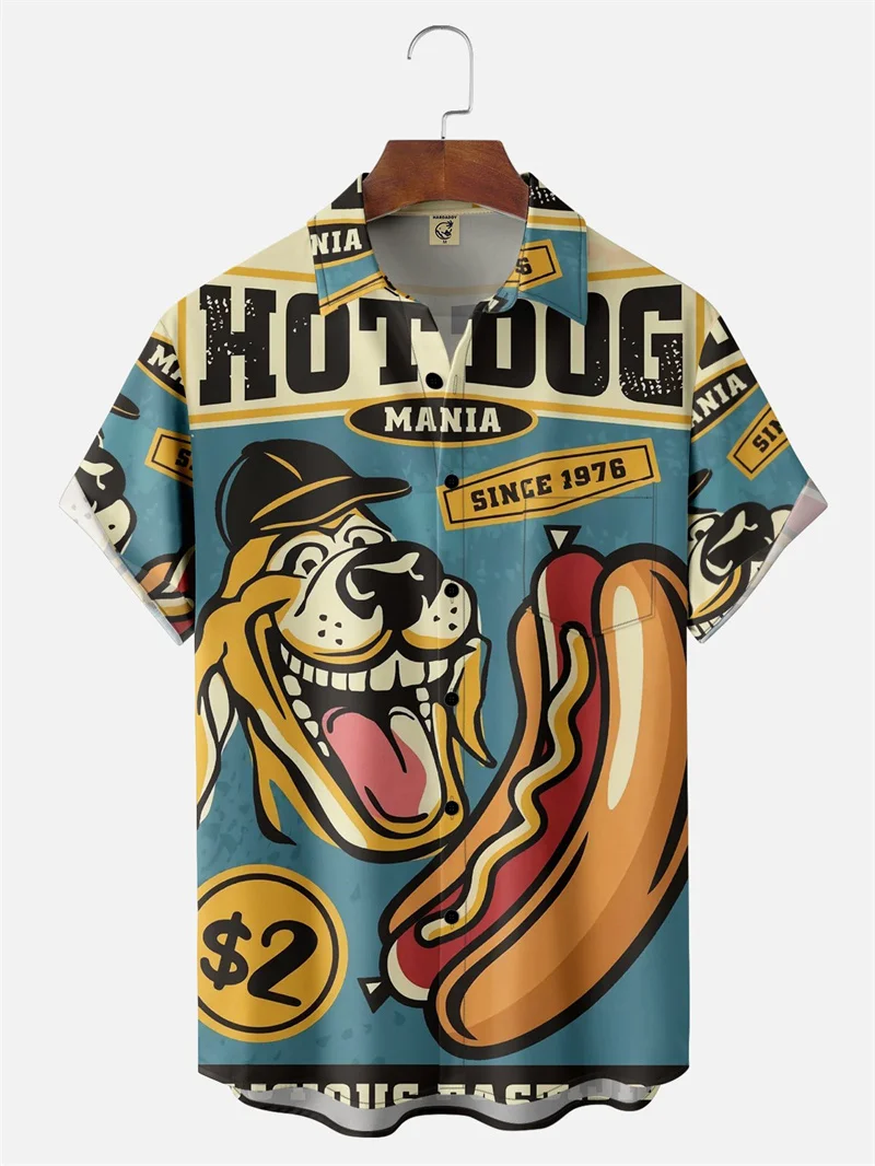 Funny Hot Dog 3d Printed Men Shirts Summer Loose Lapel Short Sleeve Street Tops Women Kid Cartoon Hamburger Hawaiian Shirts