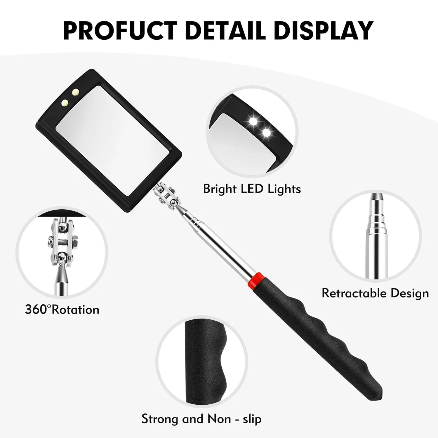 확장형 검사 거울 360도 회전 LED 검사 거울 정비공 차량 검사용 텔레스코핑 거울