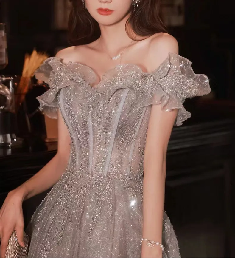 Elegant Evening Dresses Strapless A-Line Off The Shoulder Sequin Beaded Bandage Shiny Slim Backless Floor-Length Celebrity Gowns
