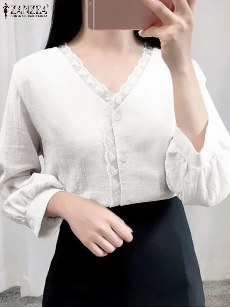 

ZANZEA Elegant Lantern Sleeve Tops Women Lace V-Neck Blouse 2023 Autmun Solid Buttons Baggy Shirts Vintage Office Party Blusas