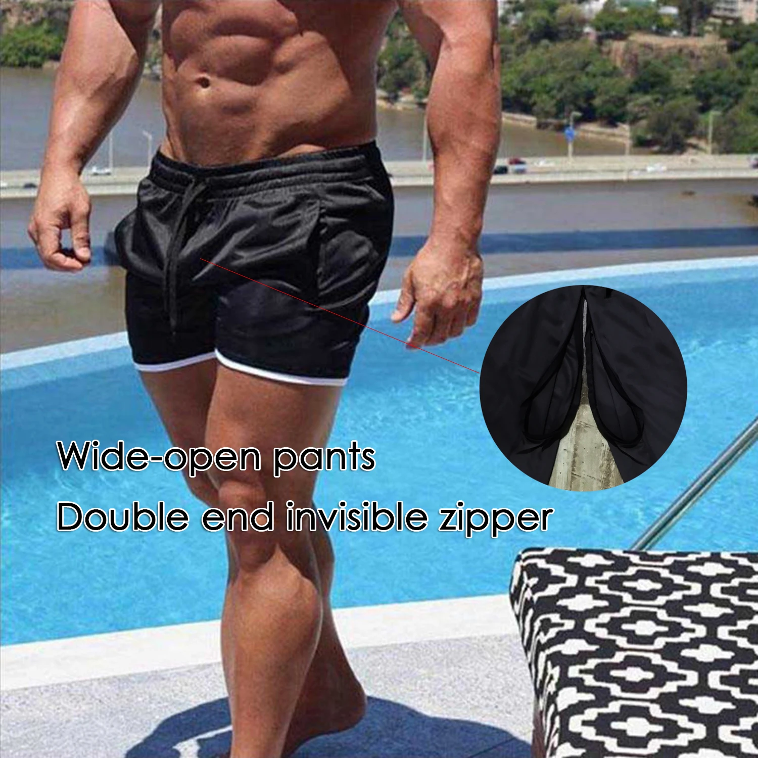 Summer Run Open-Seat Pants Men's Gym Shorts Fitness Pants Leisure Stylish Beach Three-Point Quick-Drying Shorts Fashion Sexy