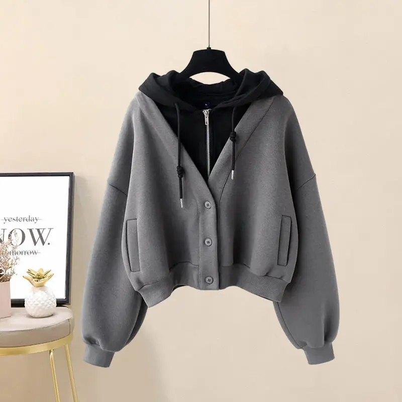 

Large Size Hooded Sweatshirt Coat Women's Spring 2023 New Loose Versatile Design Casual Top Fashion Fake Two Piece Jacket Z414