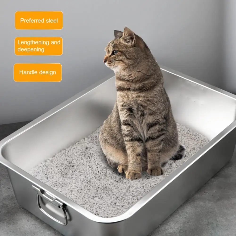 

Rectangle Stainless Steel Cat Litter Box Broken-resistant Low Entry Open Spacious Metal Litter Pan Pet Accessories