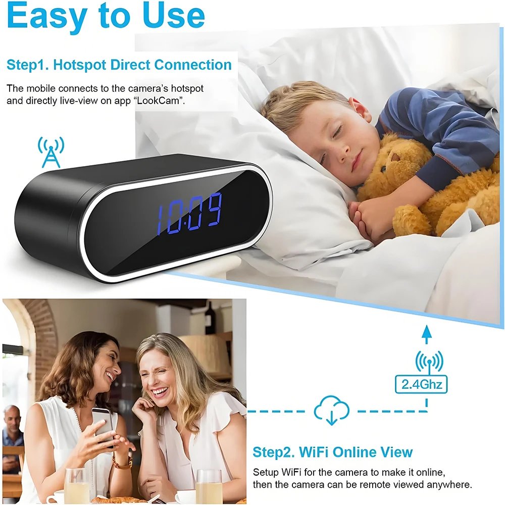 Wireless mini clock camera supports WiFi night vision IP HD 4K camera, used for home and office monitoring, nanny network cam 4