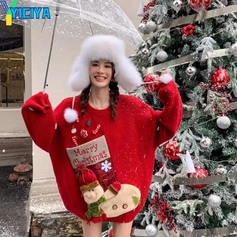 

YICIYA sweater Christmas Big socks hot selling red Pullover embroidery Thickening Korean fashion Women Knitted new outfit knit