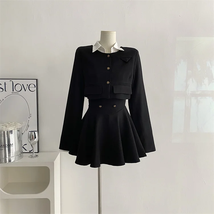 Y2K 3 Piece Set Women Cropped Coat + Long Sleeve Shirt + High Waist Halter Ruffles Mini Dress Korean Chic Fashion Sexy Outfits