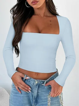 Women's Slim Fit Crop Tops Fashion Long Sleeve Square Neck Solid Color Pullover Basic T-Shirt Dressy Blouses 2024 New Streetwear 1
