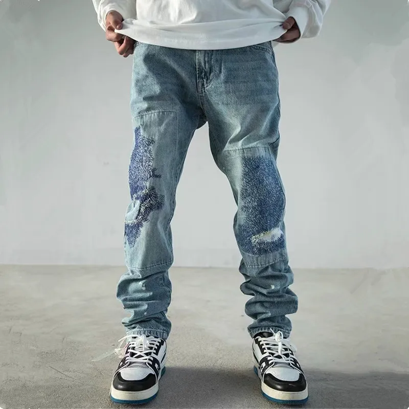 Y2K Streetwear Patch Embroidery Ripped Stacked Jeans Pants Men Clothing Straight Old Hip Hop Denim Trousers Pantalon Homme