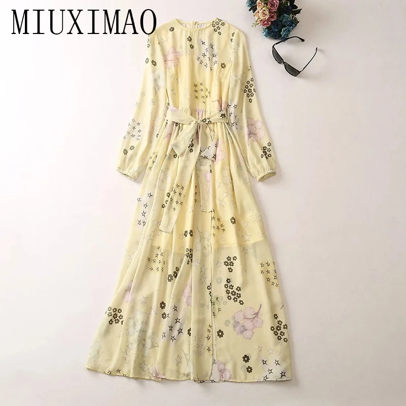 

MIUXIMAO 2023 High Quality Spring&Summer Elegant Dress Long Sleeve O-Neck Print Belt Fashion Long Dress Women Vestide