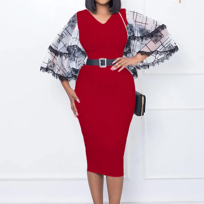 Plus Size Clothes Lady Commute Net Yarn Splicing Flare Three Quarter Sleeve Sashes Slim Autumn V-Neck Bag Hip Elegant Midi Dress