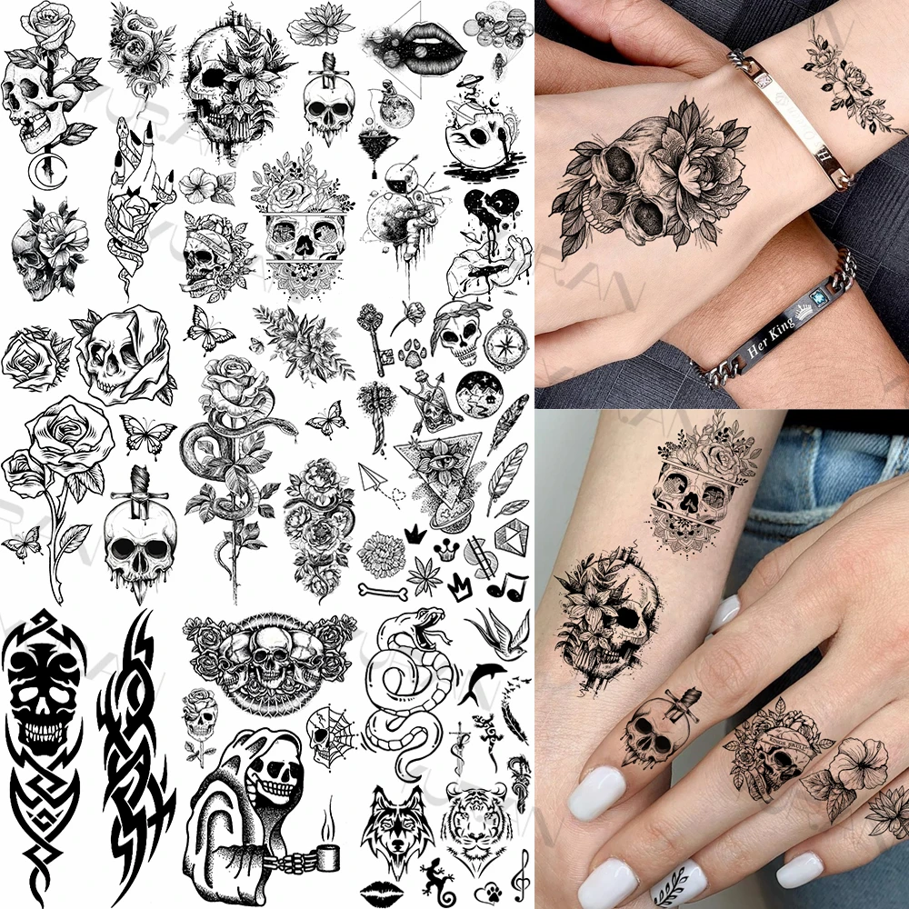 

Black Skull Flower Temporary Tattoos For Women Adults Realistic Fake Totem Snake Rose Tattoo Sticker Hand Washable Tatoos Decals