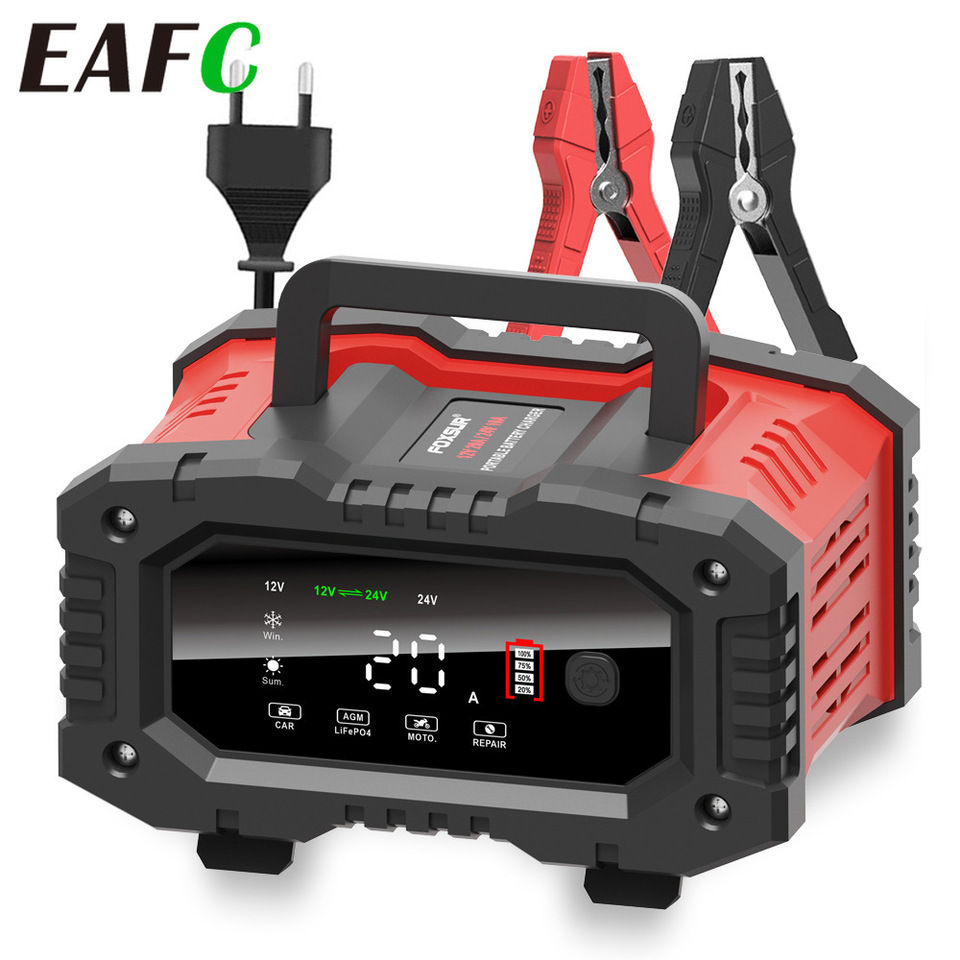 Portable 20A/10A/5A Car Battery Charger 12V 24V Automatic Motorcycle Truck AGM LiFePO4 Lead Acid Start Stop Battery with Repair